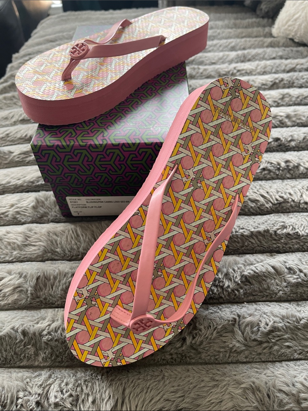 Tory Burch Pink Platform Flip Flops with Multicolor Printed Footbed